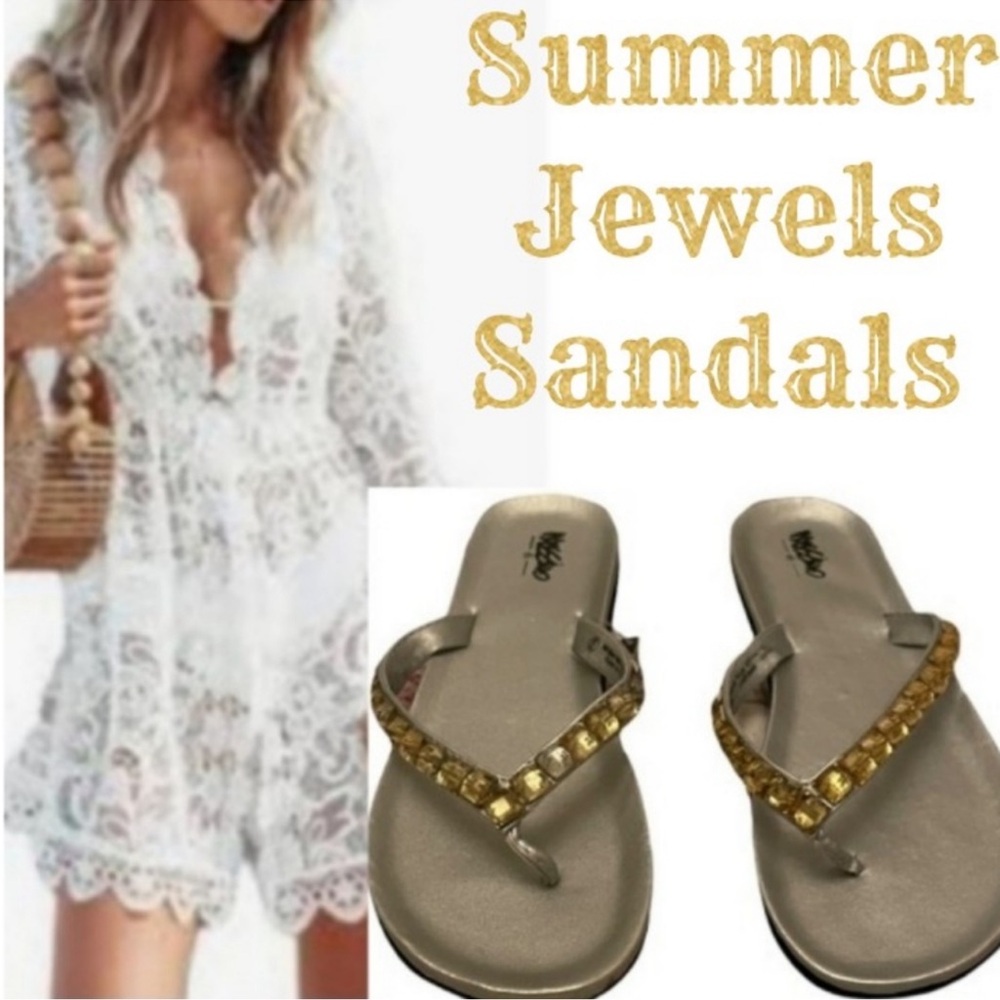 Jeweled Sandals Metallic Silver Gold  Sparkle Bling Gemstones Dress Flip Flops